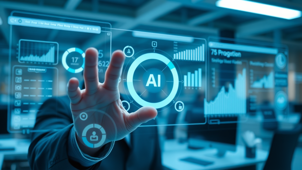 Modern digital interface showing AI-powered dashboard for small business, holographic charts and analytics, tools for small business, blue tones