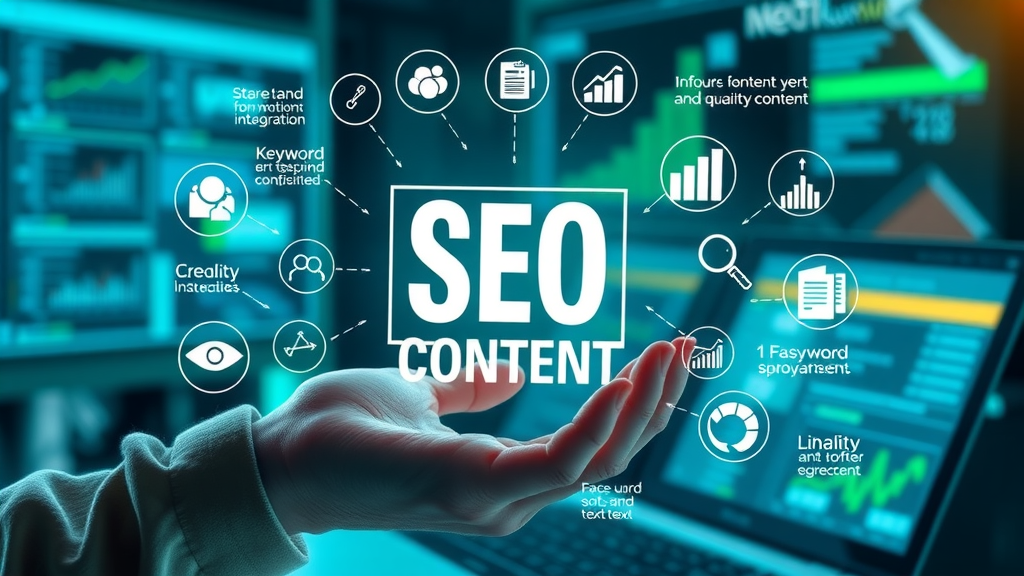 vibrant infographic components of SEO content optimization elements like keyword integration, meta data, quality content