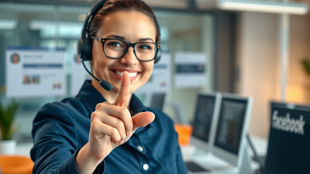 customer service manager clicking CTA button on business facebook page, optimizing call-to-action for facebook seo