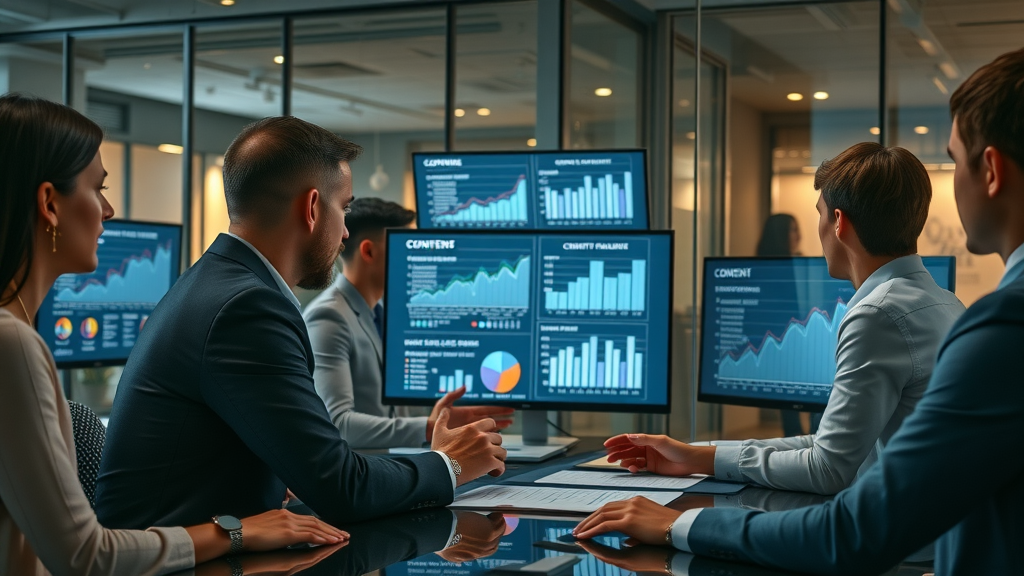 Strategic marketing meeting reviewing ai-powered content creation performance metrics