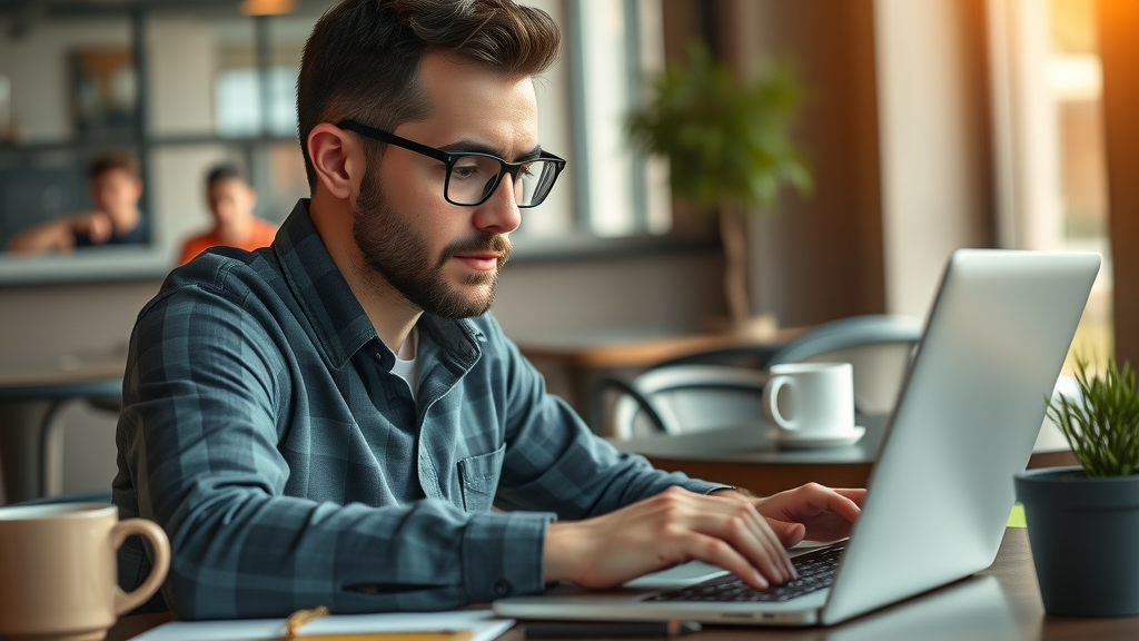 creative professional typing engaging facebook ad copy on laptop in cafe