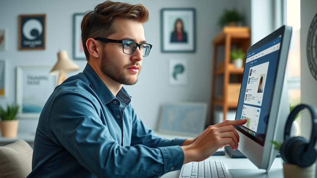 Entrepreneur updating Facebook business page on desktop computer, home office environment, morning light, branding elements