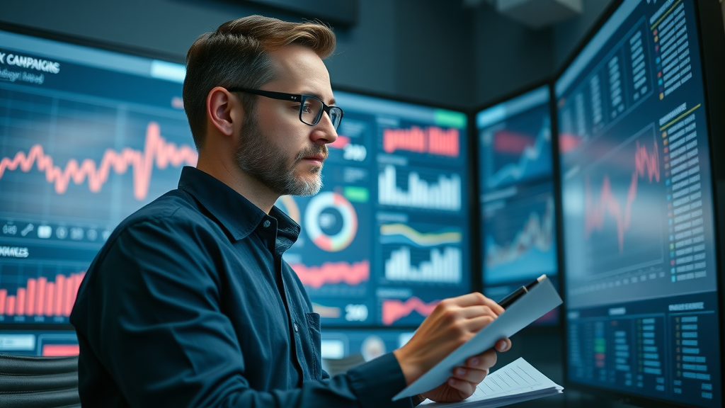 Professional marketer reviewing campaign data on giant data panels - refining link building and content marketing strategy