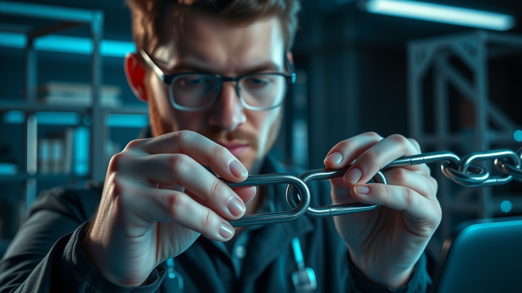 Professional SEO specialist fixing broken digital links in a tech-themed setting - broken link opportunities and link building