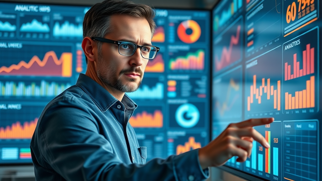 intelligent marketing analyst utilizing predictive analytics dashboard, focused expression, evaluating forecasting charts and audience segments, Photorealistic High Fidelity Lifelike, sleek workspace with digital wall screens, highly detailed, moving data points and animated graphs, cool blues with orange highlights, soft spot lighting, shot with a 35mm lens