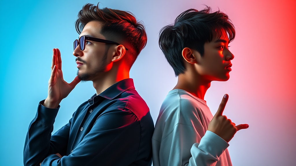 profile comparison of youtube influencer vs. youtube creator, tech and lifestyle niche depiction, stylized minimalist scene