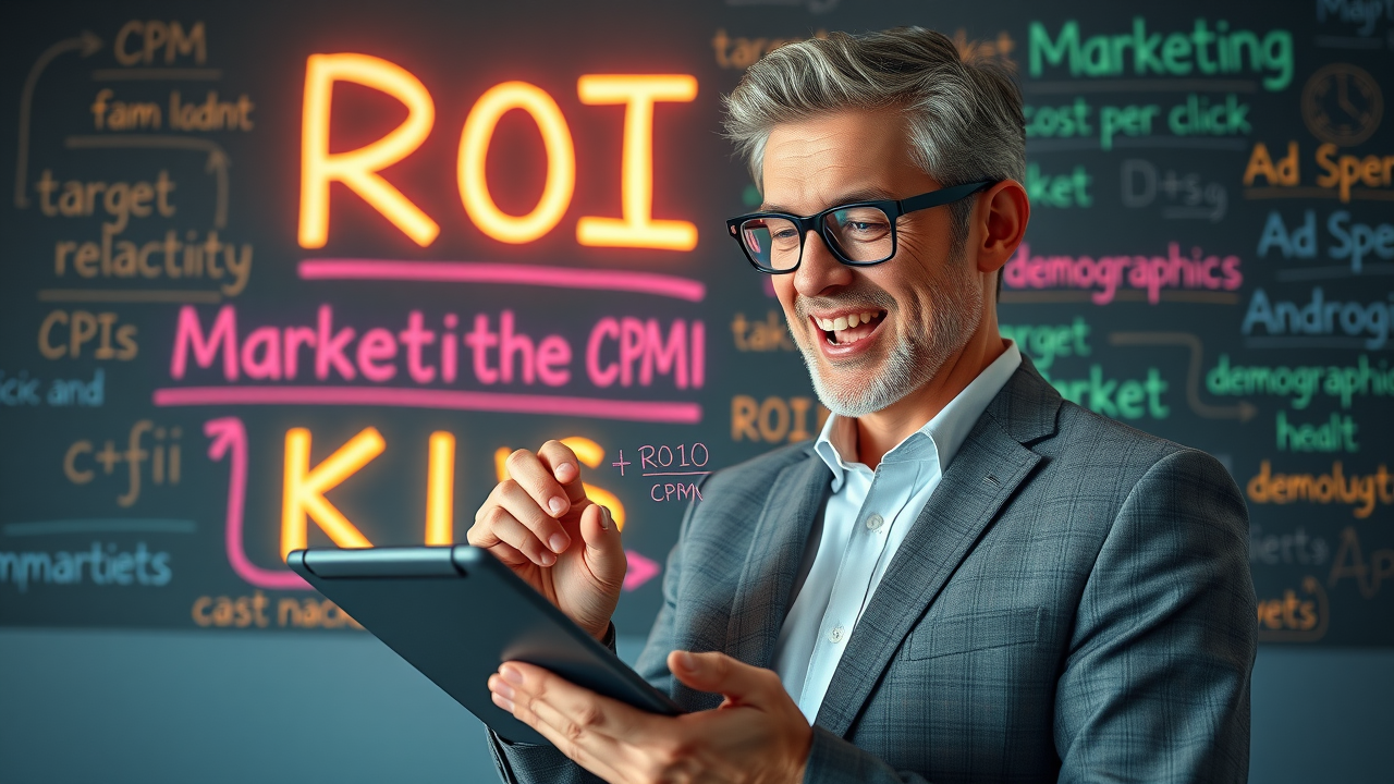 Calculate Marketing ROI - marketer sketching ROI formulas on a digital tablet with math symbols, infographic elements