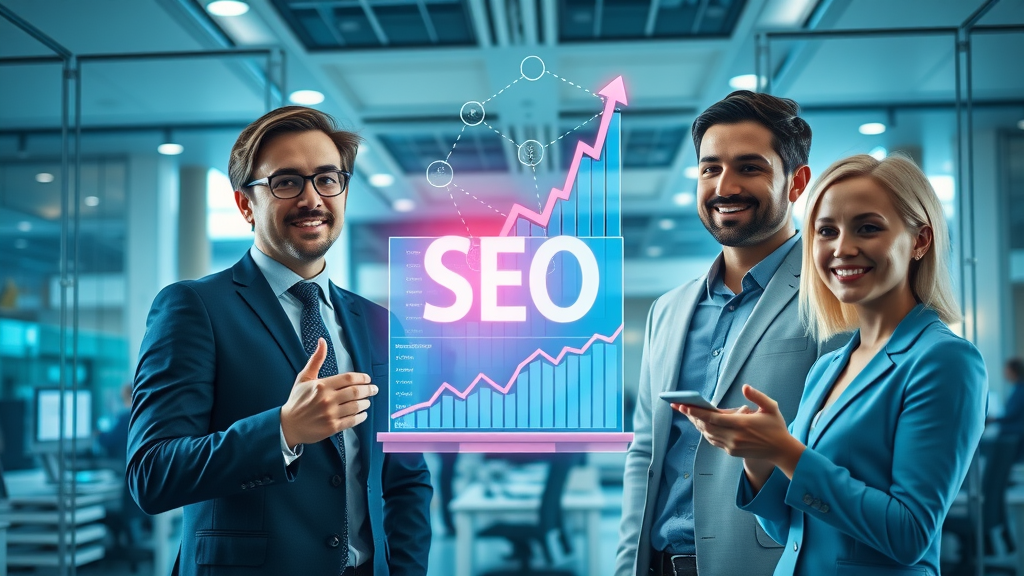 off-page SEO growth with interconnected authority domains, business professionals analyzing upward trends, modern office setting