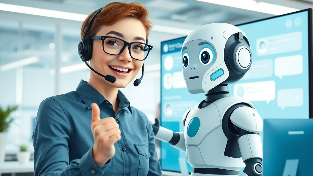 Customer service rep using AI chatbot on large screen in a tech-enabled office, enhancing customer service for small business owners