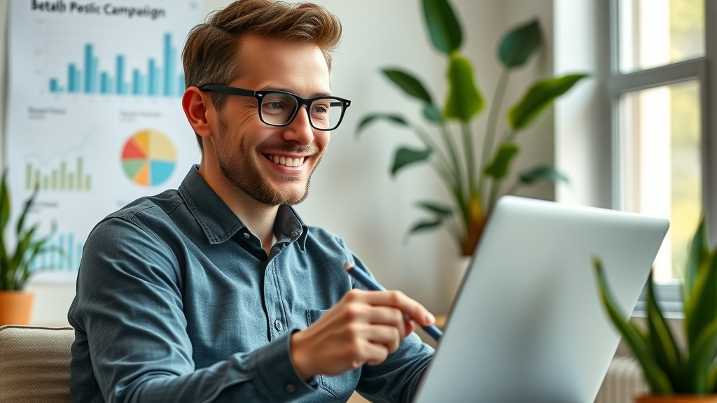 successful marketer youtube ad campaign positive stats review cheerful expression