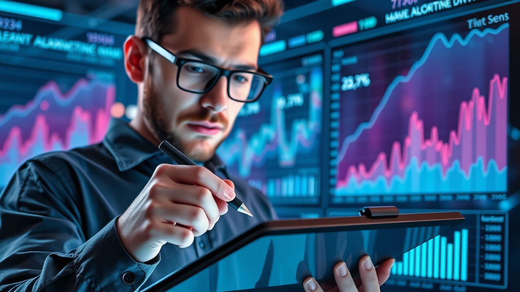 Marketer reviewing chatbot performance analytics, real-time data, futuristic dashboard for small business marketing, neon colors