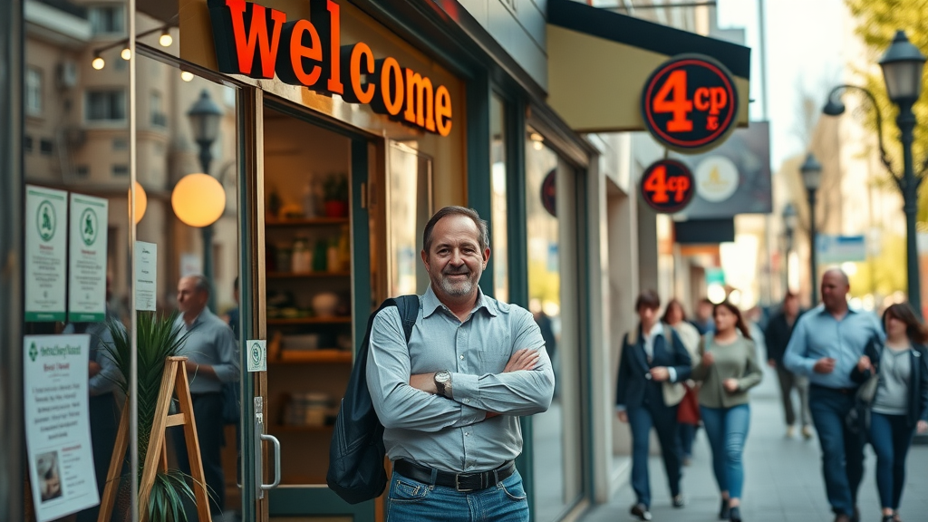 advertising guide for small business featuring a vibrant small business shopfront with a proud business owner standing at the entrance, lively urban street, pedestrians, and subtle branding in natural daylight