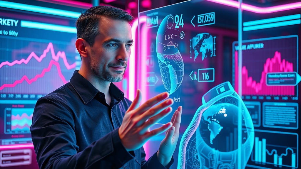AI enhancing predictive analytics in marketing, marketer working with predictive hologram interface, machine learning data visualization