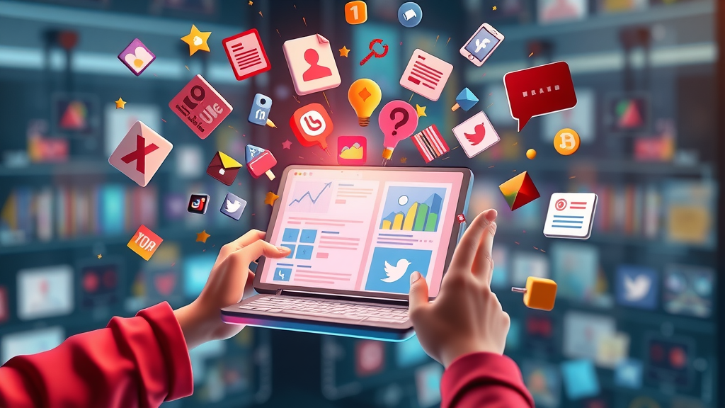 Colorful 3D icons of popular content types radiating outward, symbolizing off-page SEO content marketing strategy