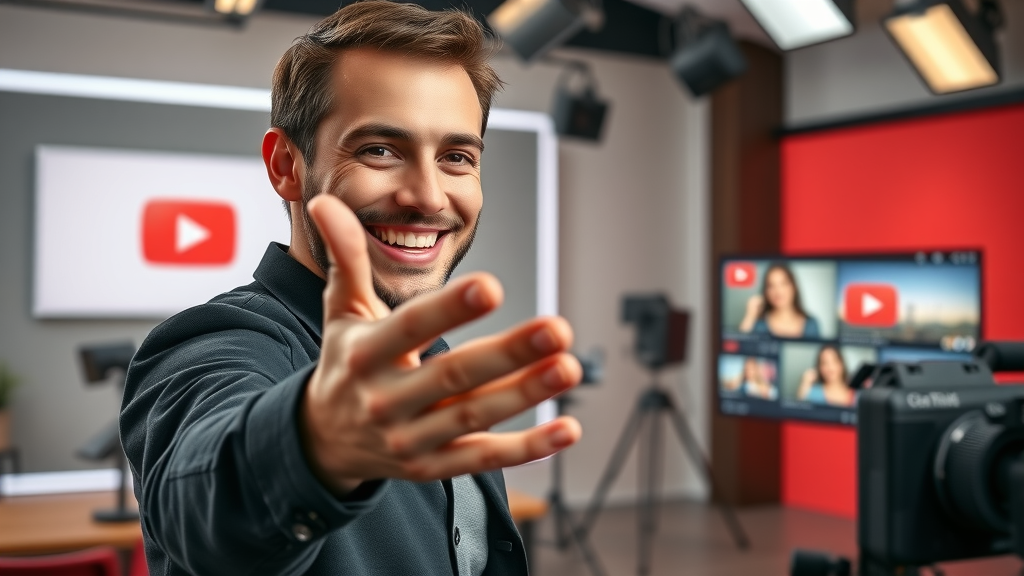 youtube influencer marketing in modern dynamic YouTube studio, influencer engaging with camera and equipment, YouTube branding visible, photorealistic lifelike scene
