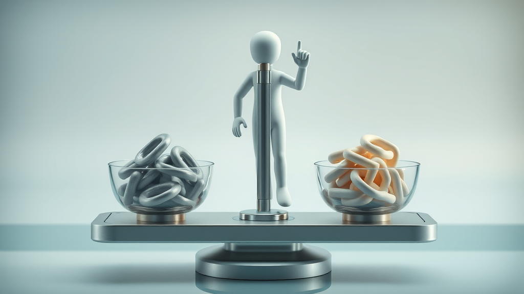 Balanced digital scale weighing natural backlinks against over-optimized spammy links for off-page SEO