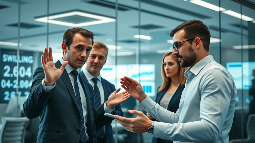 advertising guide for small business - modern business workspace, professionals brainstorming marketing strategy in a glass-walled office with digital devices and screens