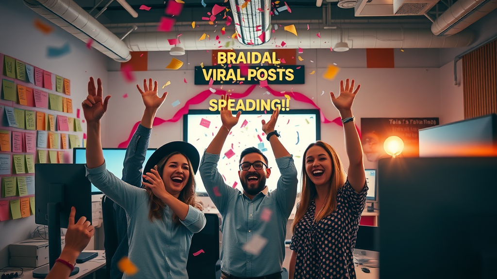 graphics showing brand campaign viral success, marketing team celebrating results, media platform engagement highlights - social media platforms