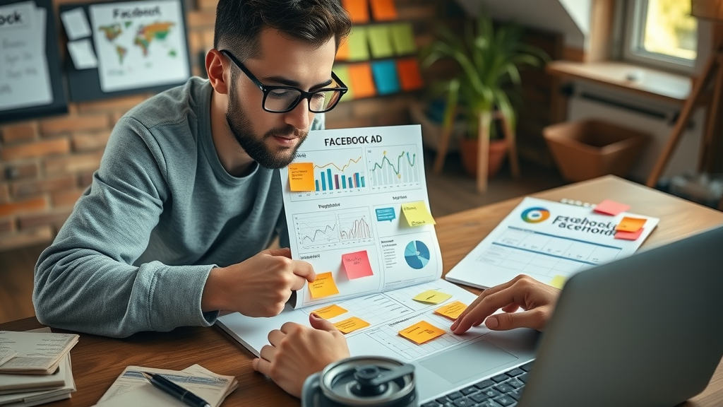 entrepreneur planning low budget facebook ad campaign with notes and graphs