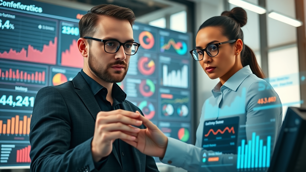 digital marketers analyzing target audience on facebook with graphs and data infographics
