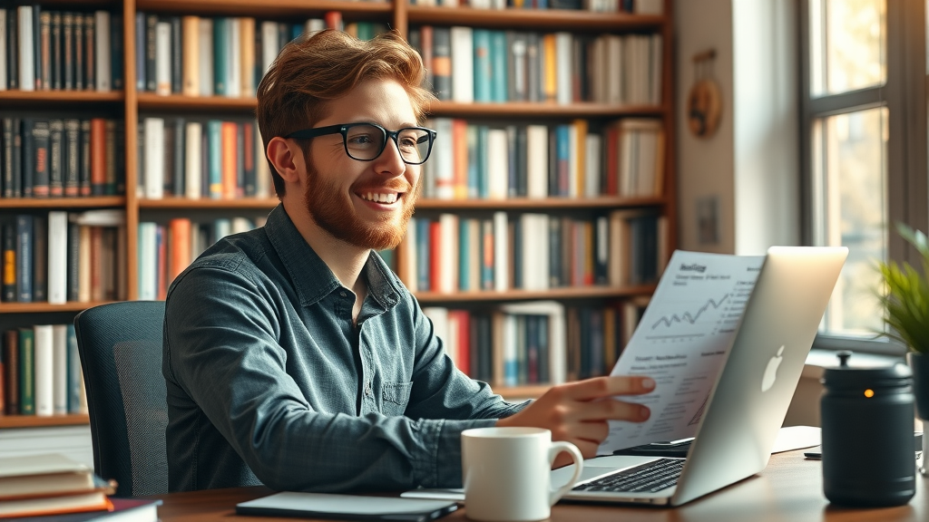 Content Blogger Analyzing Blog Analytics - Warm, Productive Workspace