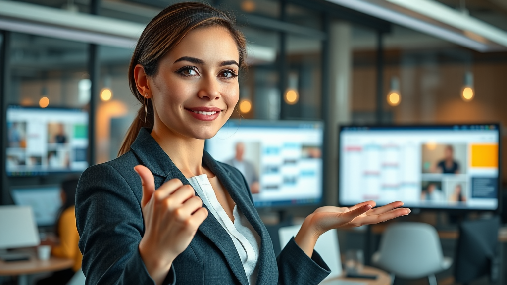 Businesswoman presenting facebook content calendar for social media content planning in digital workplace