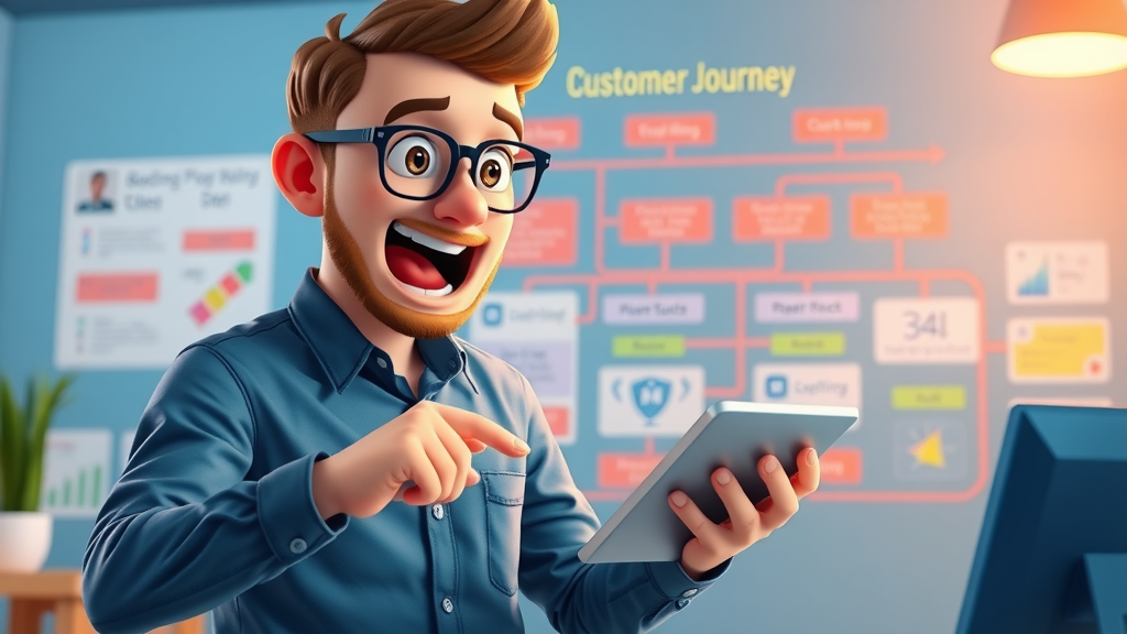 Customer journey flowchart showing marketer adjusting generative AI chatbot settings for engagement, modern digital workspace, colorful diagrams