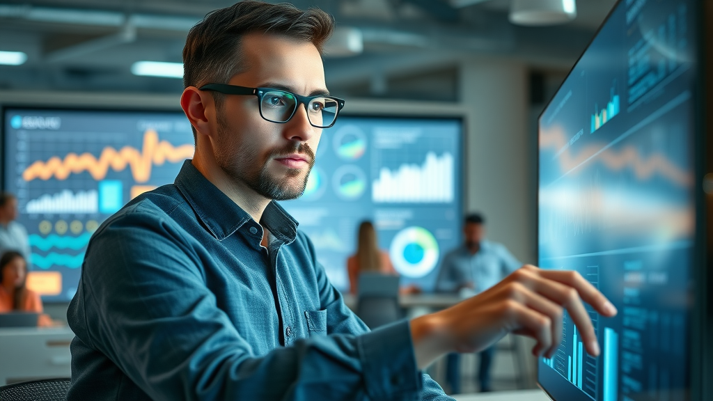 content marketing strategy: Motivated marketing manager reviewing performance metrics and charts, co-working space