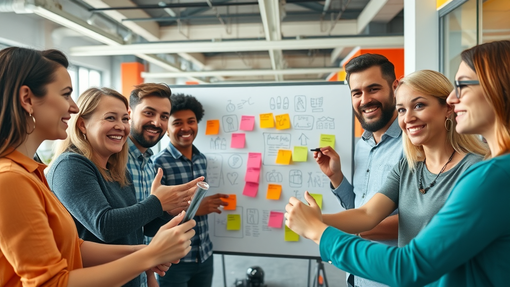 advertising guide for small business - enthusiastic team collaborating on creative marketing ideas in a vibrant, open-plan office with brand colors and brainstorming sketches