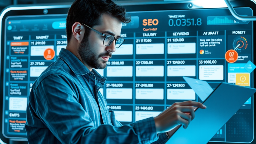 SEO coordinator organizing a workflow calendar with keyword ideas and daily research tool tasks