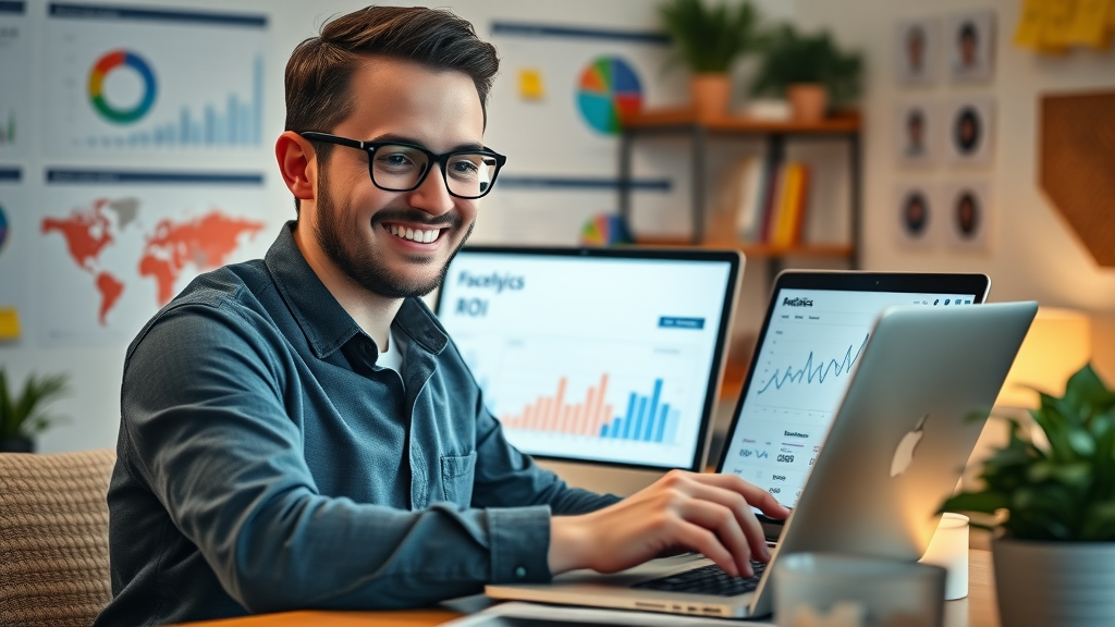 marketer reviewing facebook analytics dashboard, measuring ROI and ad campaign results