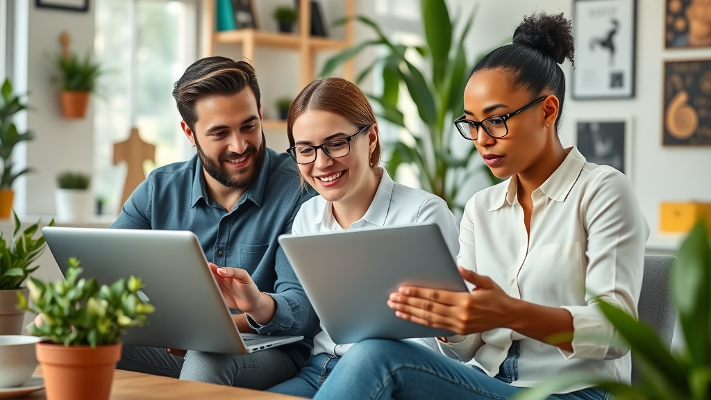 vibrant small business owners collaborating, reviewing social media results on laptops in a cozy workspace, facebook marketing for small business