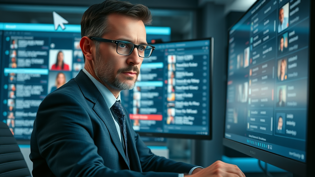 business professional using software to find the right youtube influencer, high-tech workspace