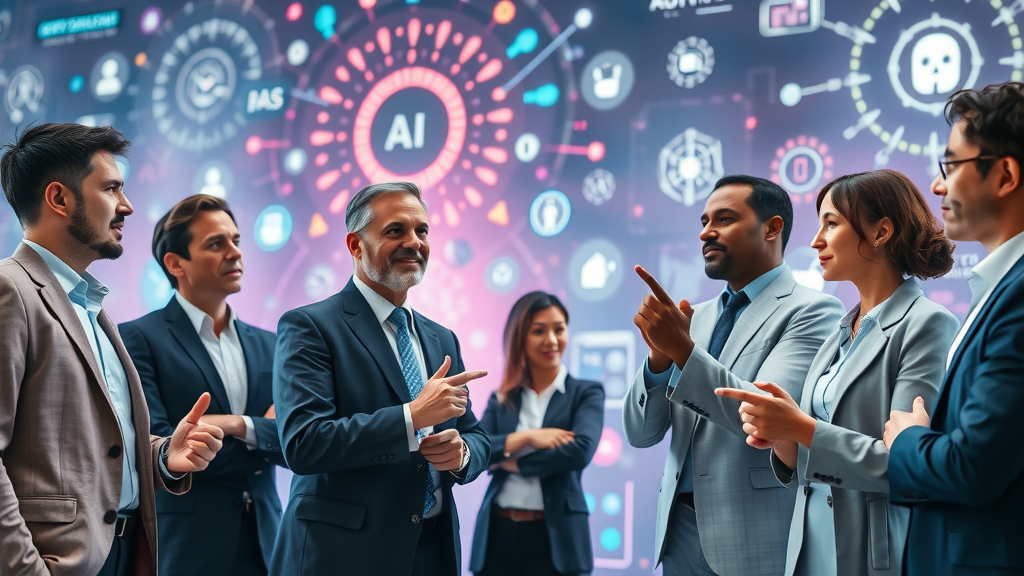 Timeline with icons of chatbot evolution, diverse small business owners observing generative AI