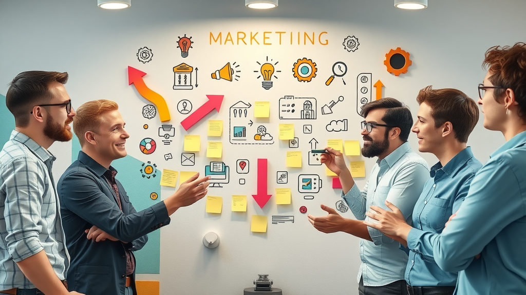 Collaborative marketing team brainstorming around evolving AI tool icons
