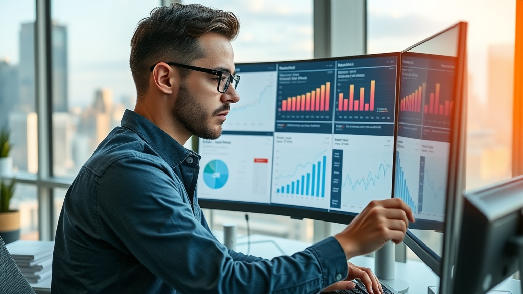 modern digital marketer analyzing website analytics with on-page SEO techniques on screen in a bright office