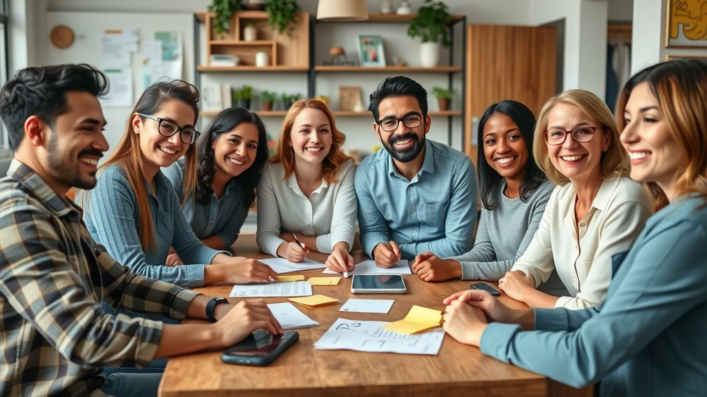 Budget-friendly advertising marketing idea: diverse small business owners brainstorming in cozy office
