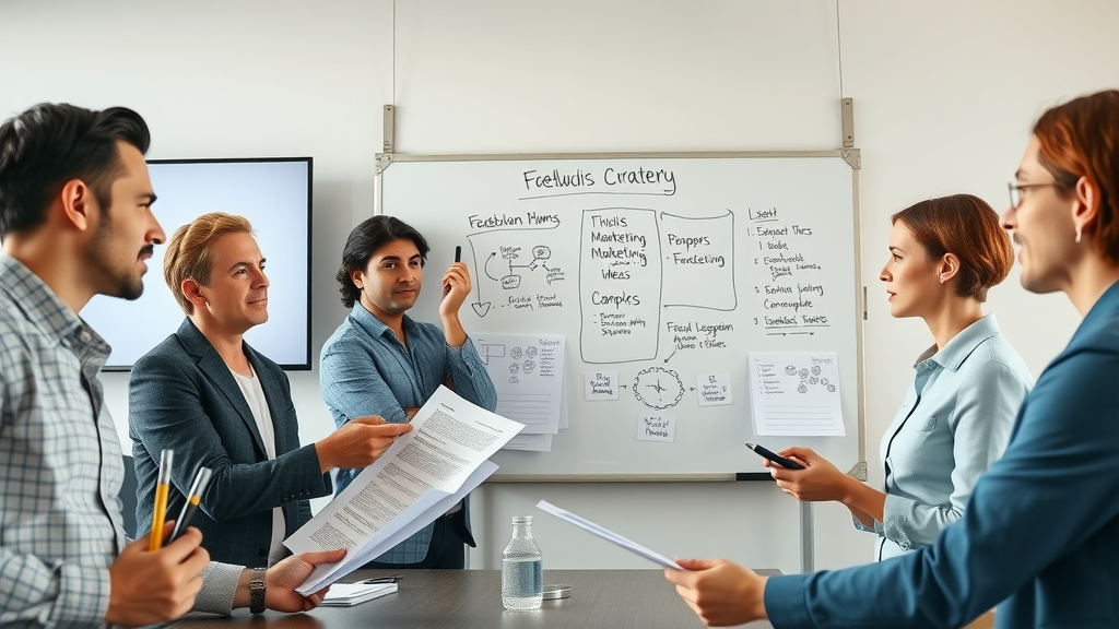 organized small business team brainstorming facebook marketing strategy and planning content calendar