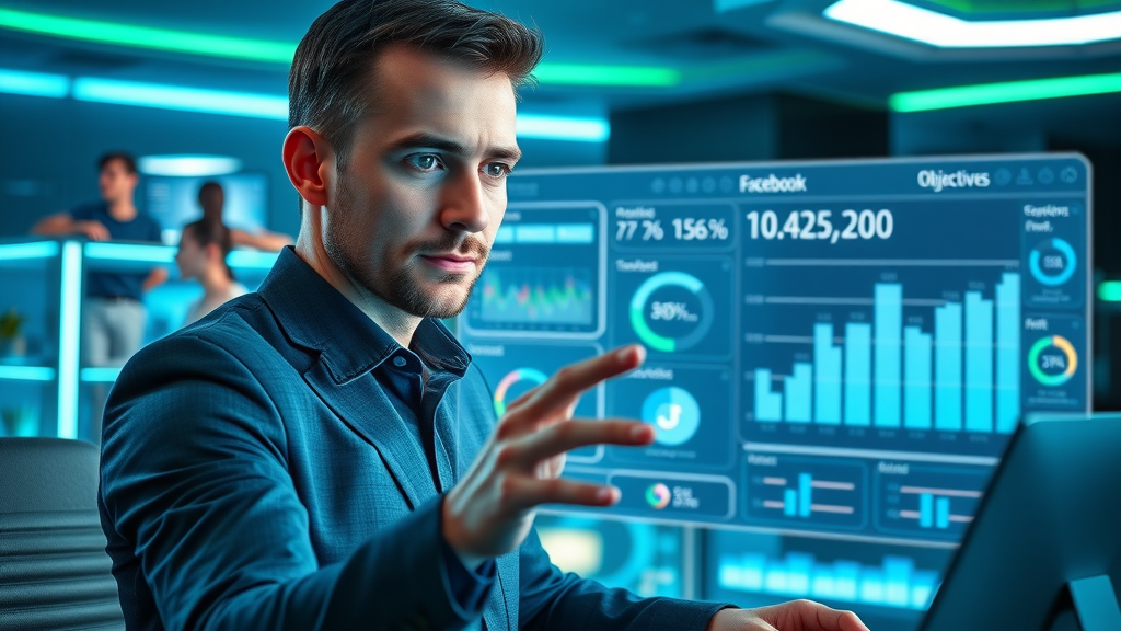 marketing planner configuring Facebook campaign objectives on futuristic digital dashboard