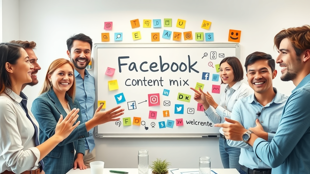 Creative team brainstorming facebook content mix on whiteboard, varying media types and content calendar