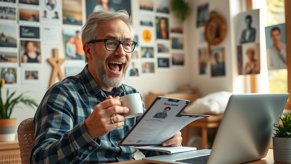 Content marketer brainstorming ideas for organic traffic, surrounded by digital devices and inspiration boards.