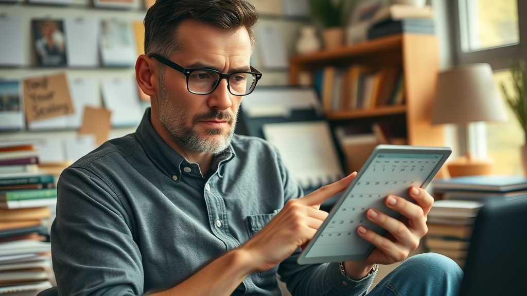 Content marketer building an editorial content plan for Facebook on digital tablet in home office