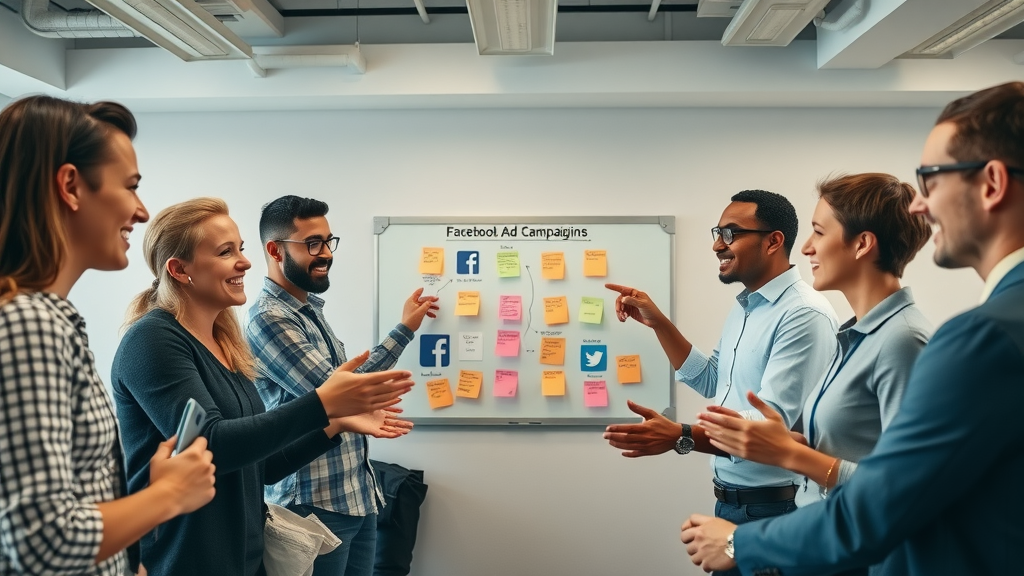 team brainstorming creative facebook ad campaign concepts conference room