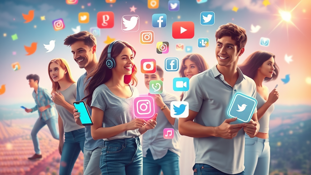 trendy collage of new social media app logos, animated avatars and energetic Gen Z users, digital landscape - social media platforms