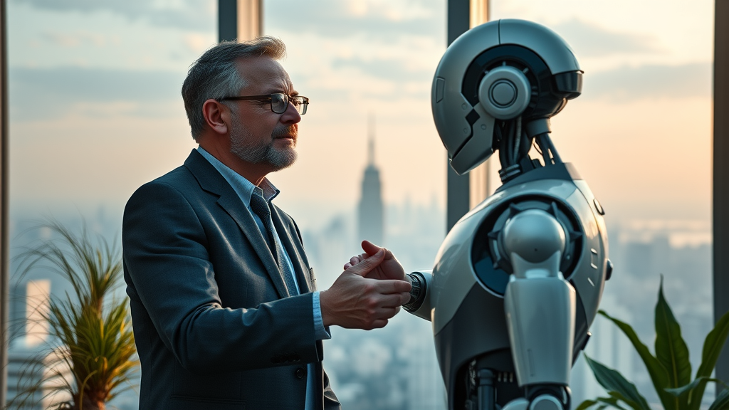 Visionary strategist shaking hands with AI-robot partner, representing collaboration in ai-powered content creation