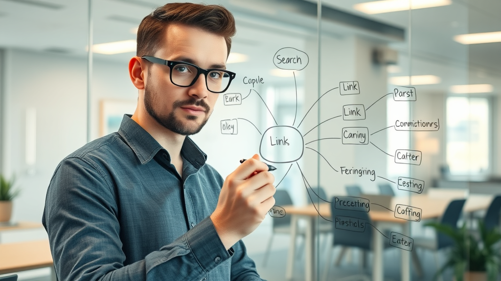 SEO expert mapping out link building strategies on a glass wall