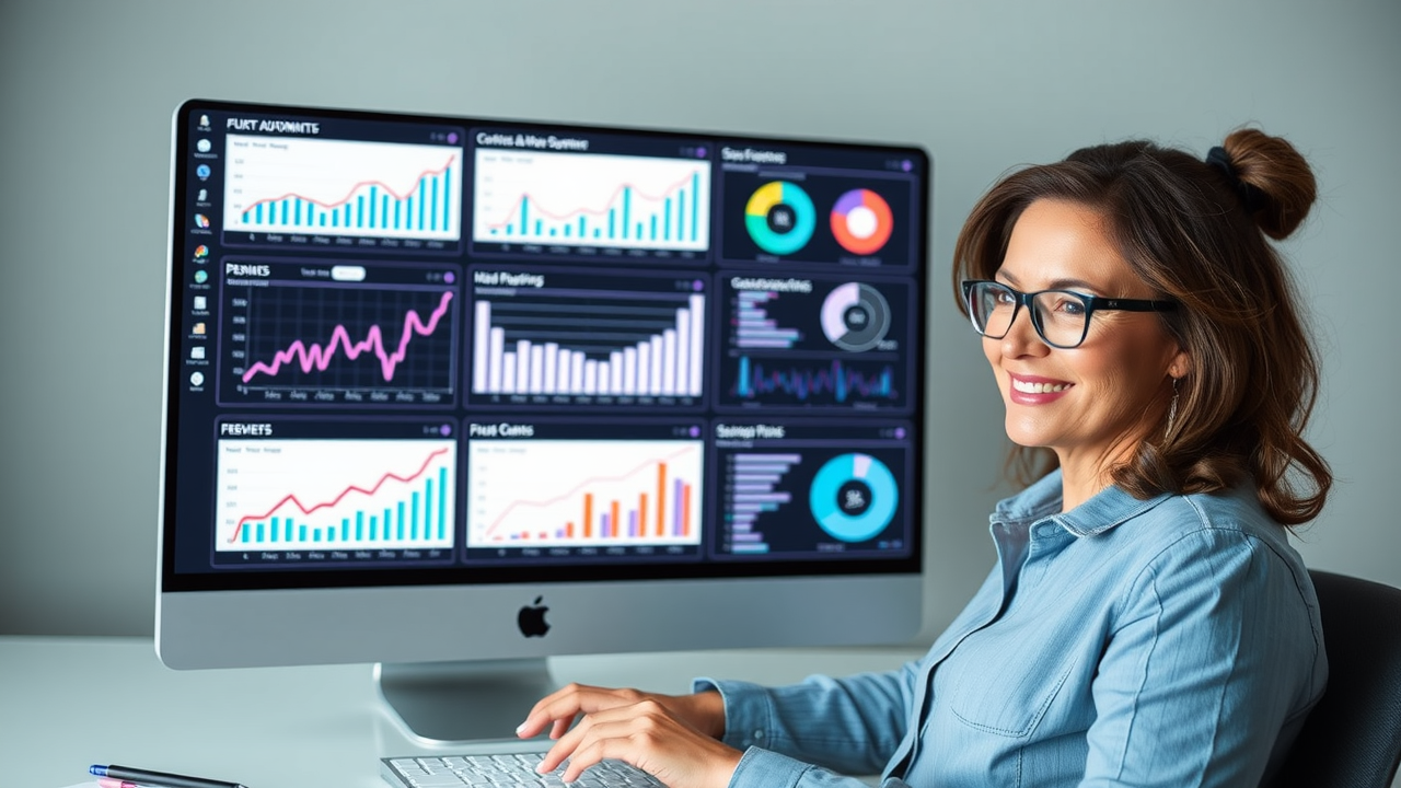 advertising guide for small business - business owner setting up marketing automation on a technology dashboard with digital multi-screen setup and graphs