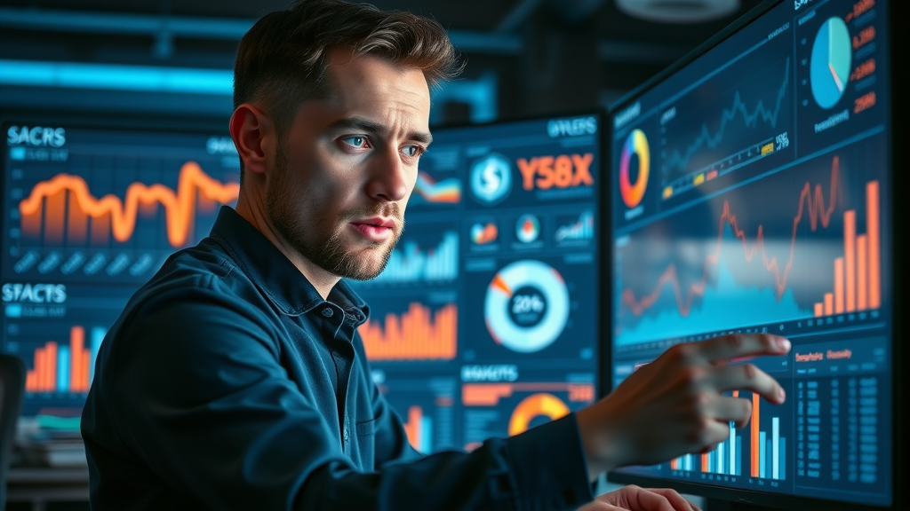 Marketing analyst examining marketing analytics dashboards, KPIs, and conversion rates for digital marketing strategies