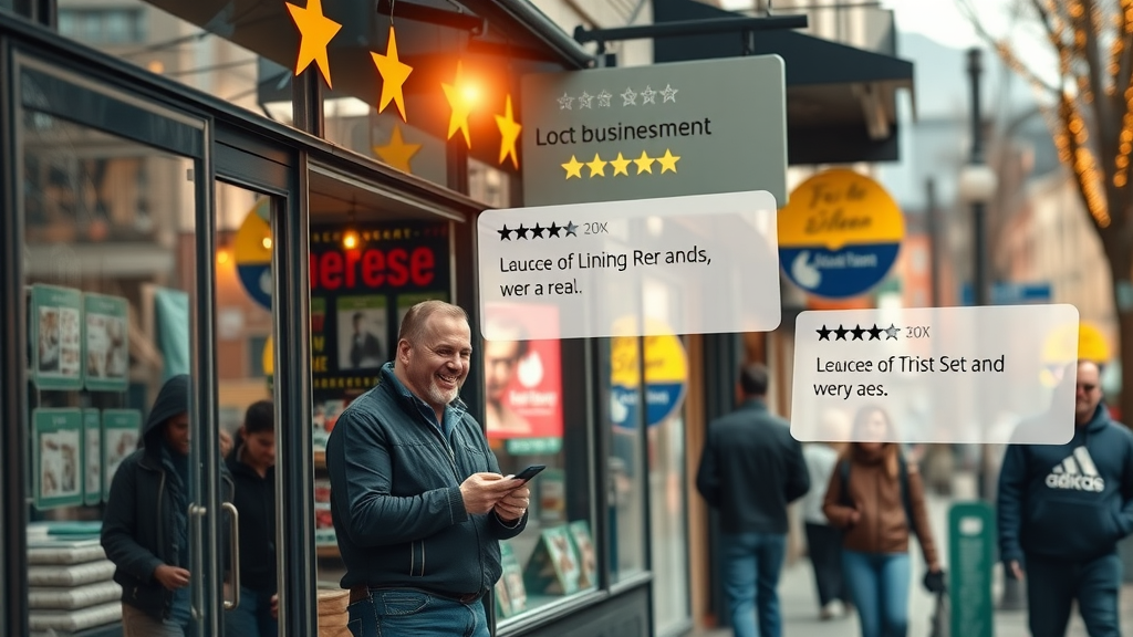 Local business storefront with digital review stars and citation bubbles, owner interacting with customers for local SEO