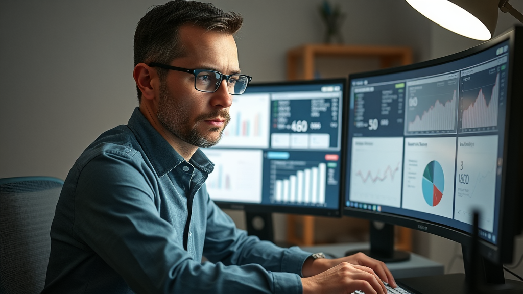 Analytical SEO expert examining link metrics dashboards for domain authority and referral traffic - link building metrics